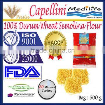 100% Durum Wheat semolina Capellini Pasta, 500g Bag,20 min cooking,Capellini Pasta High quality ,Tunsian Capellini