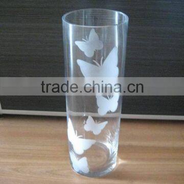 glass vase engraved with butterfly,frosted cylinder glass vases,clear glassware