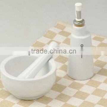 Ceramic mortar and pestle set with set of 2 herb pots