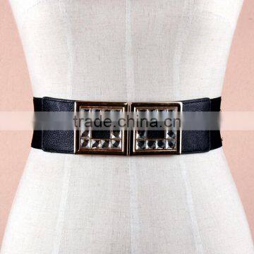 Wholesale rhinestone paved square pattern alloy buckle sex women lady wide PU waist belt