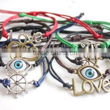 Vintage Love Letter Heart Evil Eye Rudder Charms Bracelet Adjustable Customized Charm Wax Cord Bracelet