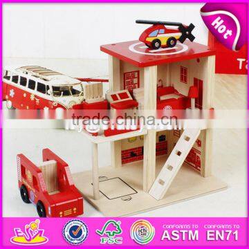 2017 New products funny parking toy boys wooden toy fire station W04B030