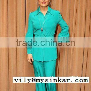 Green Lapel High Empire Waistband Long Sleeve One Covered Button Long Trousers Women Dancerwear Sets photo-2