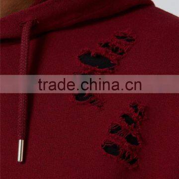 Custom Design Plain Extreme Ripped Oversized Longline Distressed Classic Fit Hoodie Burgundy Split Sides photo-6