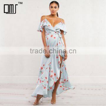 Mature women floral wrap dresses 2018 cold shoulder frill maxi dress