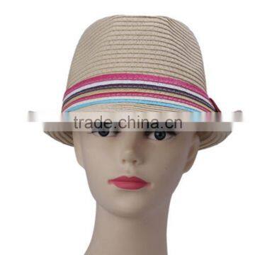 Roll Brim Stripe Trilby Fedora Bowler Straw Hat Summer Beach Sun Cap