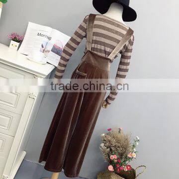 B22672A Autumn Ladies Long Sleeved Sweater Waist Overalls Corduroy Wide Leg Pants Suit