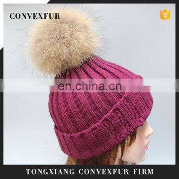 Popular women men beanie hats fur poms hats fur bobble hats wholesale pom poms hats with genuine fur ball