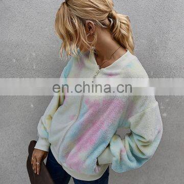 LAITE H2033 Hot Sales Fashion Contrast Color Women's Sweatshirts Ladies Zipper-up Tie Dye Crew Neck Sweatshirt photo-2