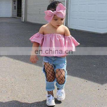 Usa Clothing Boutique Summer Girls off Shoulder Top With Ripped Jeans Pants and Headband 3pcs Girl Clothing Sets photo-2