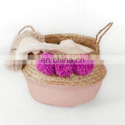 Pink Seagrass Straw Wicker Belly Basket with Pompom, Laundry Storage Organiser, Modern Planter Wholesale