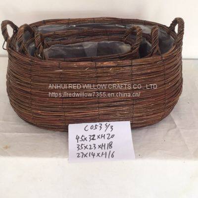 Brown Color Round Wicker Tray Straw Basket With Handle For Sale