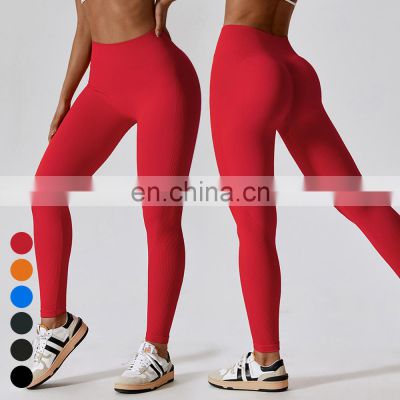 Custom Quick Dry Breathable Running Women Yoga Pants Fitness Leggings Side Ribbed High Waist Scrunch Butt Seamless Yoga Leggings