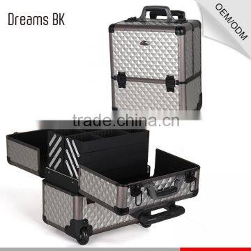 2016 high quality aluminum trolley make up case beauty display case with rolling wheels