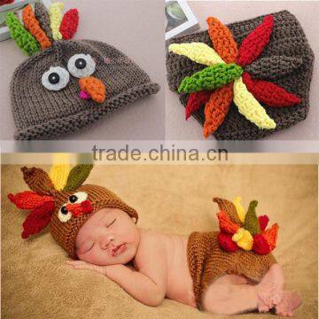 Wholesale Latest Novel Cute Turkey Set Crochet Baby Hat and Diaper Cover Shooting Props