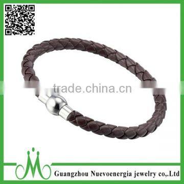 New Top Genuine PU Leather Mens Stainless Steel Braided Leather Rope Chain Bracelet