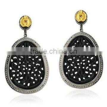 Black Onyx Gemstone Carving Earrings, 925 Sterling Silver Diamond Earrings, Pave Round Dang Jewelry, Carving Jewelry Wholesaler