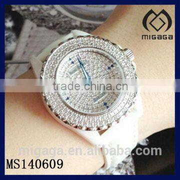 fashion micro setting rhinestone quartz watch white cowhide strap