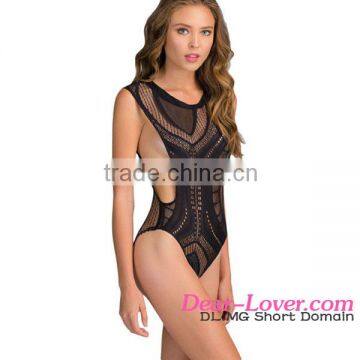 Cheap Wholesale Black Open Arm Crotchless Asymmetric Hollow-out Pattern Girls Nighties Picture