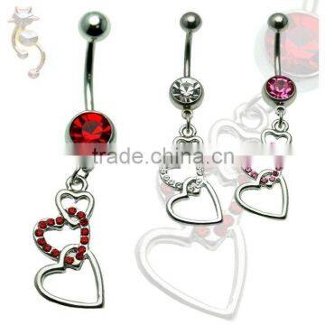 Cubic Zirconia Triple Heart Belly Ring Stainless Steel Body Piercing Jewelry