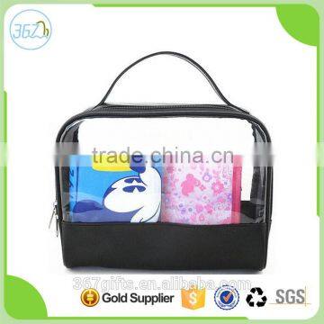 2016 Fashion Travel Pouch Type PU Combined PVC Cosmetic Bag with Clear Compartment