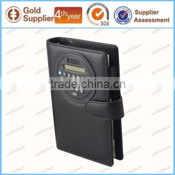 customized size PU leather business portfolio notepad with rotatable round calculator and card holders