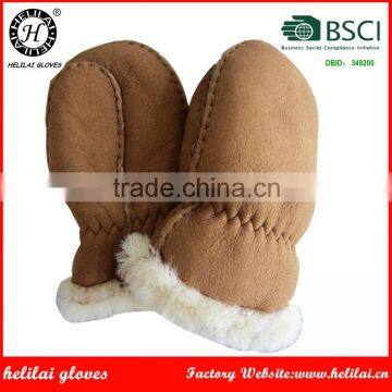 HELILAI Children Gloves Winter Warm Handmade Fur Lined Leather Gloves