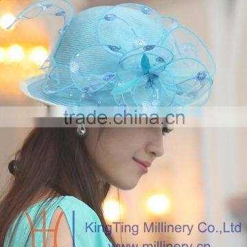 Womens Fancy Straw Hats Elegant Church Hat With Organza Flowers Trimming Onside photo-3
