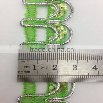 special semicircle loop silver and green lace trimming metallic sequins braid trim