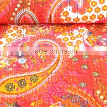 RTHKG-5 Orange Paisley Traditional Handmade Cotton Fabric Patchwork Gudri Throw Kantha Vintage Bedspread Wholesaler Jaipur