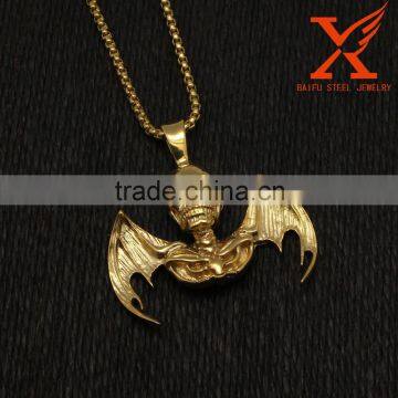 Stainless Steel Gold Plated Skull Death & S Head BAT Wing Men's Pendant
