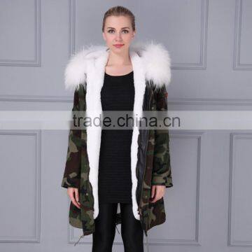 Custom Brand new charming Camouflage Khaki Hooded Cotton Raccoon Fur Collar Winter Jackets