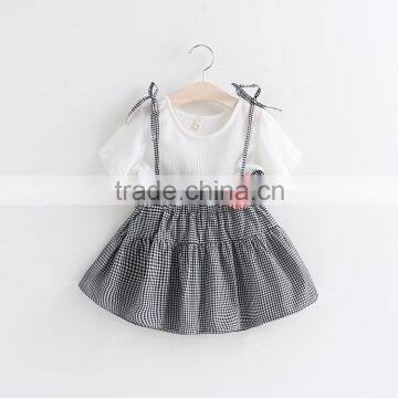 Popular Breathable Flowers Lattice Pattern Bowknot Kids Short Skirt Suit Set