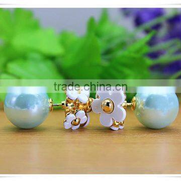 Korean Style Gold Plated Three Colorful Plastic Flower One Big Color Plated Pearl Double Side Stud Earring For Party Lady photo-2