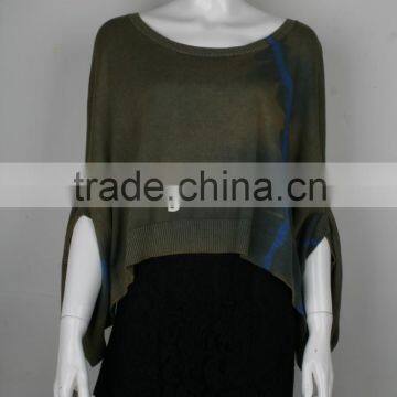 Ladies' Scoop Neck Poncho Botwing Sleeve Knitted Sweater With Dirty Wash &tie Dyed