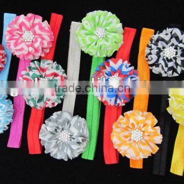 2.4" Chiffon Chevron Flowers with Rhinestone and Soft Baby Headbands Children Hair Accessories