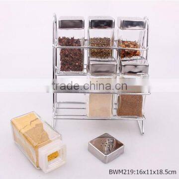 6pcs clear square glass spice jar set in a silver rack