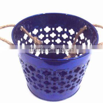 Blue Color Galvanized Metal Planter Pot With Jute Handle for Garden & Home photo-4