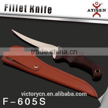 6 inch 3Cr14 wooden handle fishing knife with PU knife cover F-605S