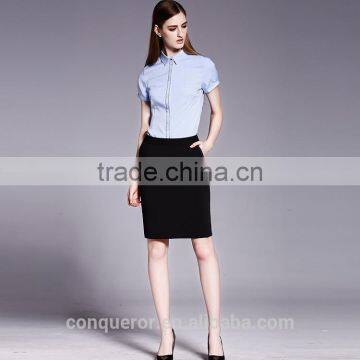 Ladies Fashion Short Sleeve Front Facing Placket Formal Shirt photo-5