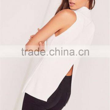 Plain White High Collar Sleeveless Knitwear With Split Back Women Wrap Back Tunic Top White photo-3