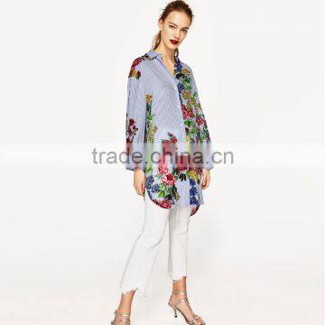 Designer Office Women Wear Floral Print Long Sleeve Striped Shirt photo-2