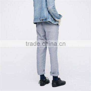 Ladies Navy Blue Jogger Pants Cotton-linen Wide Striped Trousers photo-3