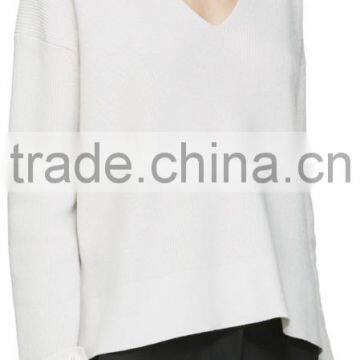 Women Wearing Sexy Design V Neck Blank White Sweater With Rolled Cuffs With Buttons photo-2