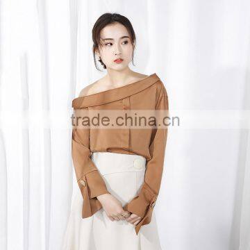 2017 Autumn New Style Chiffon Sexy Collar Diagonal Shoulder Long Sleeve Fashion Blouse Chiffon Shirt photo-4