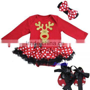 Baby Xmas Red Polka Dots Black Ruffles Reindeer Long Sleeves Bodysuit Pettiskirt Jumpsuit Headband Crib Shoes 3pcs NB-18M