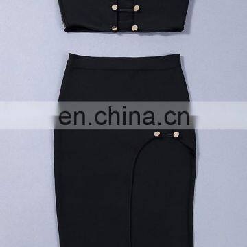 Hot Sell Clothing Women Black White Sexy High Split Two Pieces Set Bandage Midi Club Dress photo-2