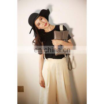 Women Wide Leg Two Braces White Simply Design Pants photo-4