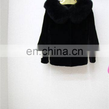 High Quality Black Rex Rabbit Fur Coat With Fox Fur Collar Garment Dyed Rex Rabbit Fur Jacket Clothing photo-3