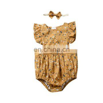 khaki floral pattern flutter sleeve romper jumpsuit factory wholesale price Boutique girls cotton romper